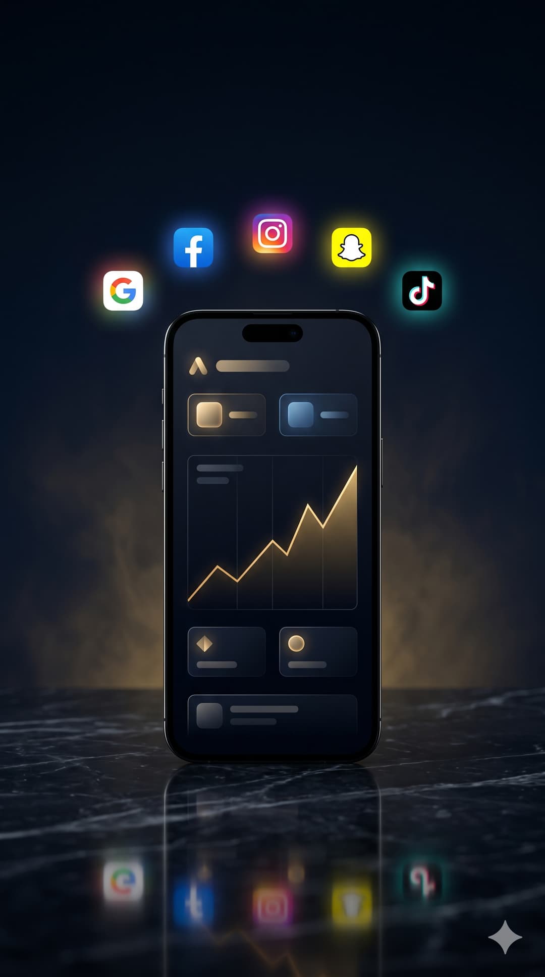 هاتف يعرض نمو الحملات الإعلانية وحوله شعارات منصات الإعلان